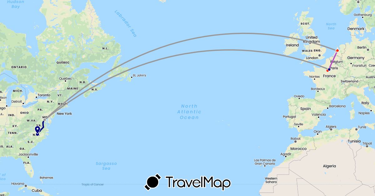 TravelMap itinerary: driving, plane, train, location in France, Netherlands, United States (Europe, North America)