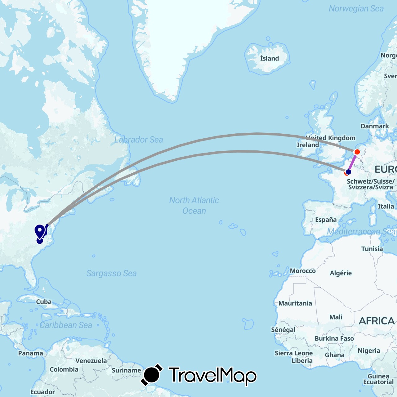 TravelMap itinerary: driving, plane, train, location in France, Netherlands, United States (Europe, North America)