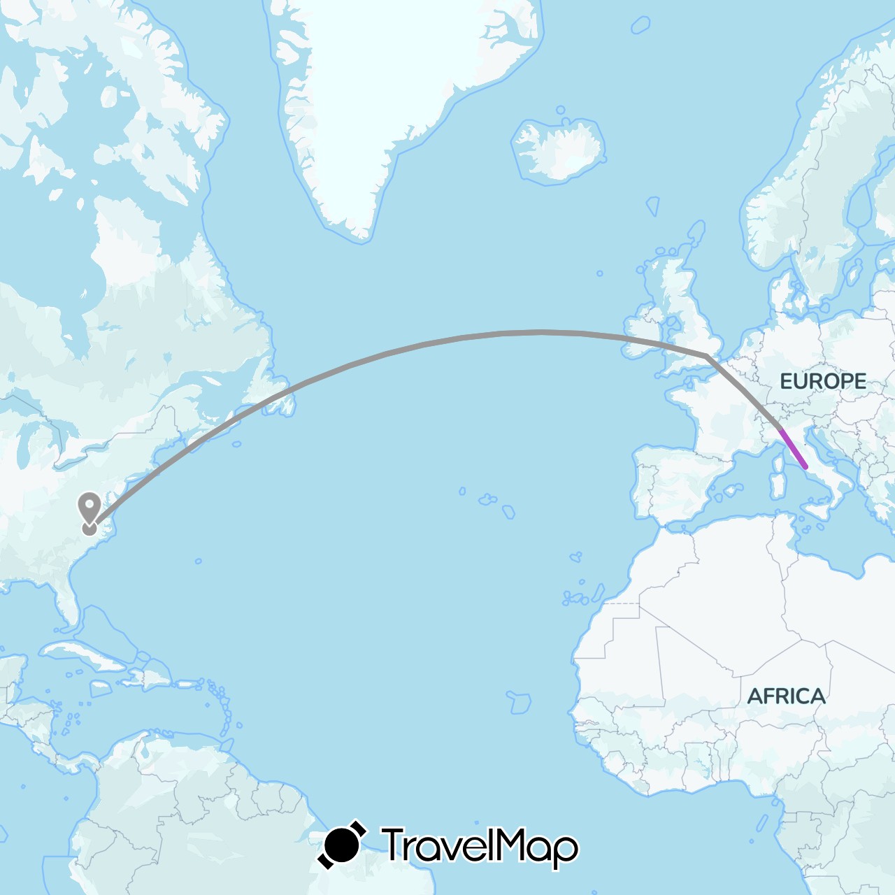 TravelMap itinerary: driving, plane, train, location in United Kingdom, Italy, United States (Europe, North America)