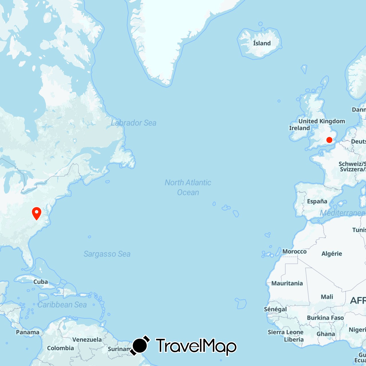 TravelMap itinerary: driving, location in United Kingdom, United States (Europe, North America)
