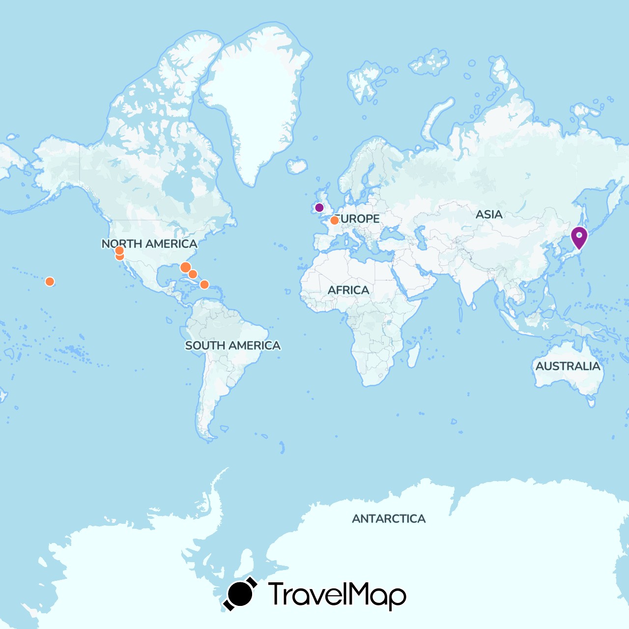 TravelMap itinerary: boat, booked, planning in Bahamas, Dominican Republic, France, Ireland, Japan, United States (Asia, Europe, North America)