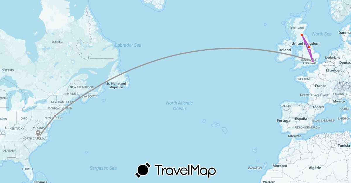TravelMap itinerary: plane, train, location in United Kingdom, United States (Europe, North America)