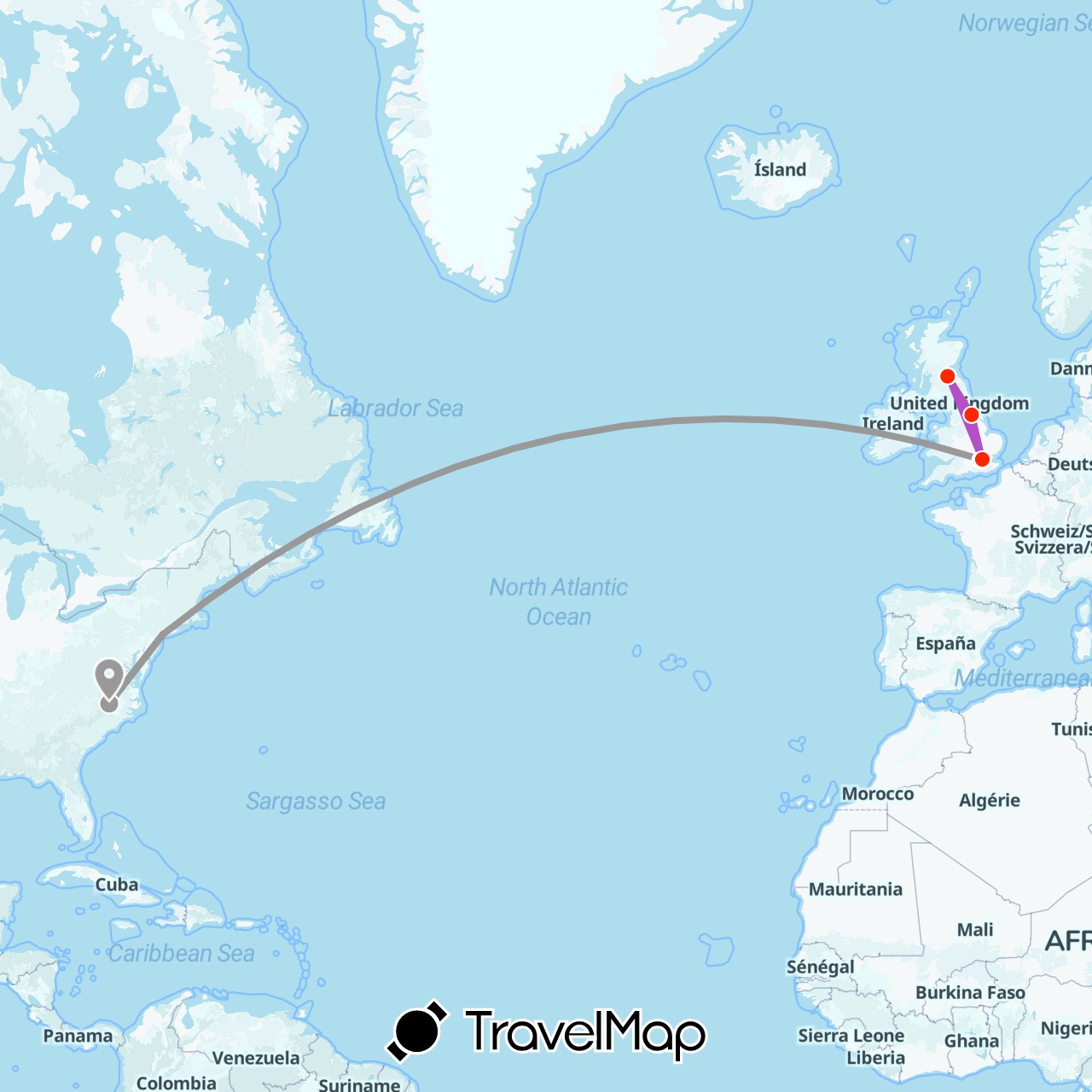 TravelMap itinerary: plane, train, location in United Kingdom, United States (Europe, North America)